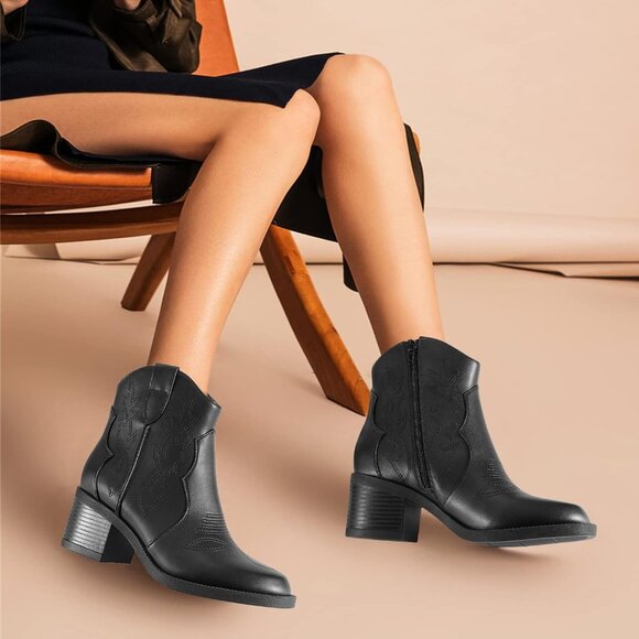 Women's Polyurethane Black Embroidered Round Toe Short Ankle Chunky Heel Boots - Picture 3 of 5